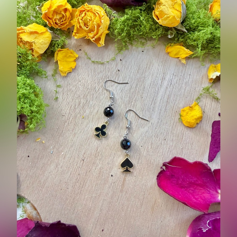 ♠️ Handmade Black Onyx & Card Suit Charm Earrings ♣️ - Picture 2 of 4
